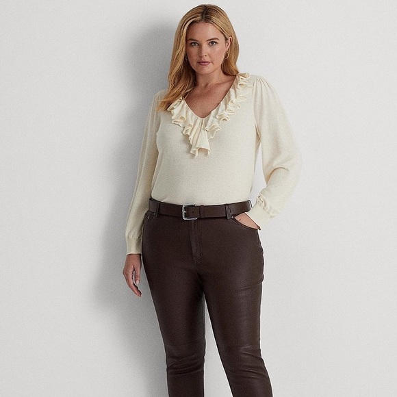 LAUREN Ralph Lauren Cream/White Ruffle Trim V-Neck Long Sleeve Shirt Siz… - Picture 2 of 7